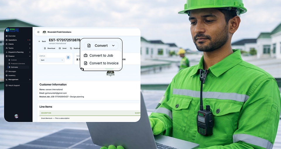 Quote being converted to invoice on mobile field service app for electrician